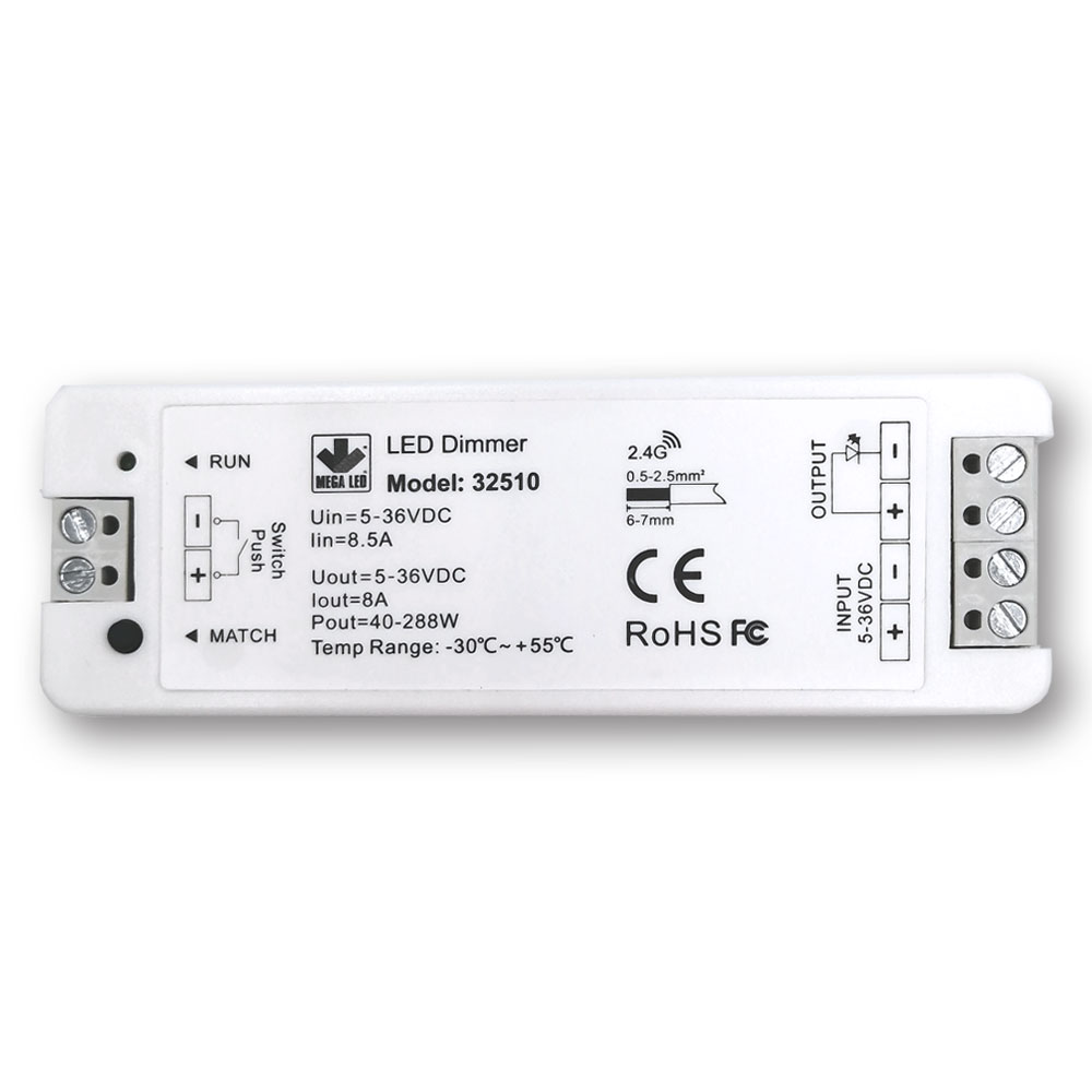 Mega LED - Electronic Dimmer - For RF Remote, Input 5-36V DC, 8A Max 40-288 Watt (36V DC)
