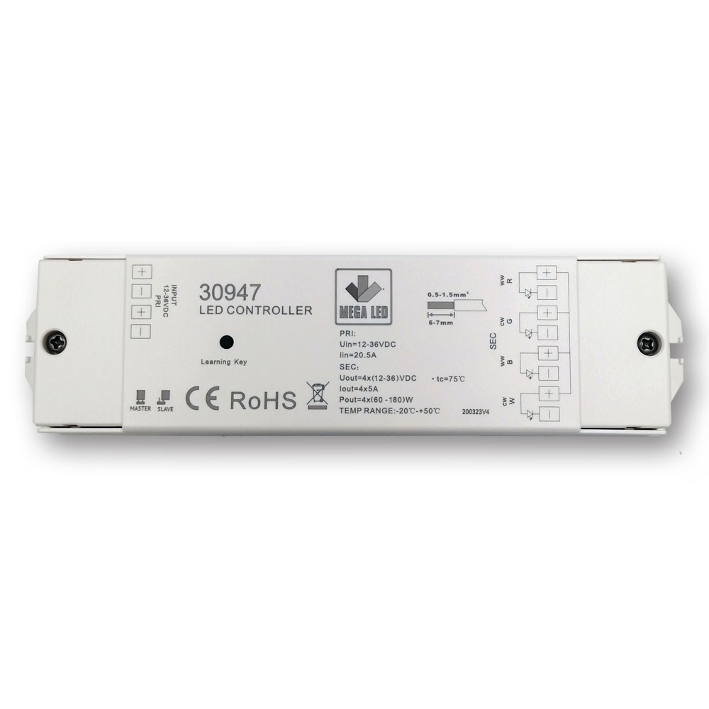 Mega LED - RF Dimmer - RGBW RF Receiver, Constant Voltage Receiver, 4 Channels, 5A Per Channel, 12-36V DC (30947)