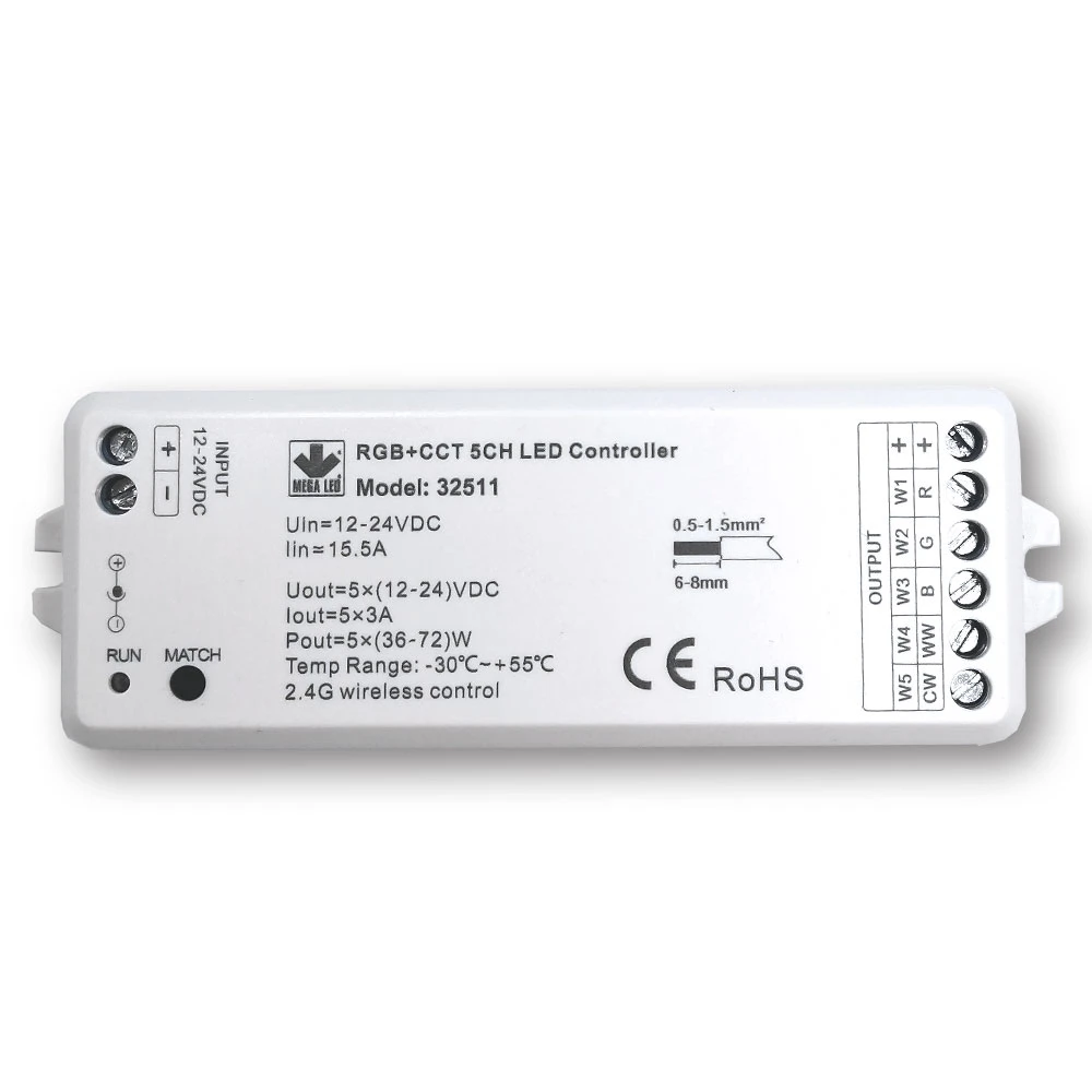 Mega LED - Wireless RF Dimmer Controller - Single Color & RGB+ 2 Whites RF Controller, 5 Channels