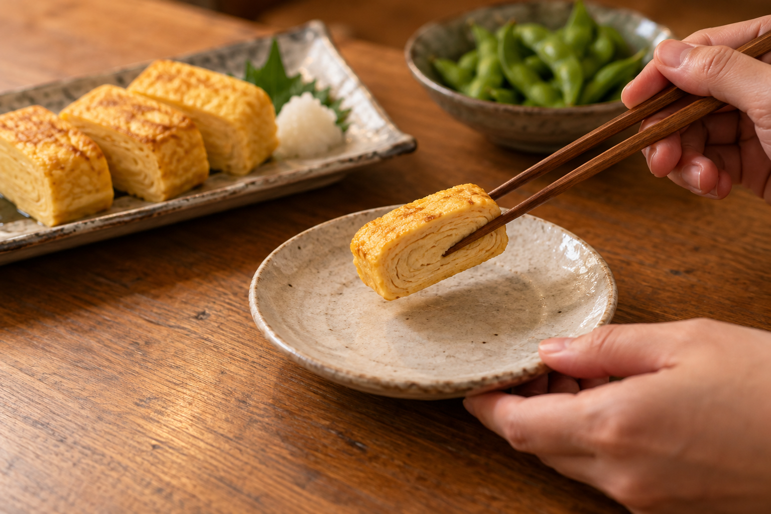 Hands using chopsticks to serve a slice of omelet onto a personal side plate beside a shared platter.