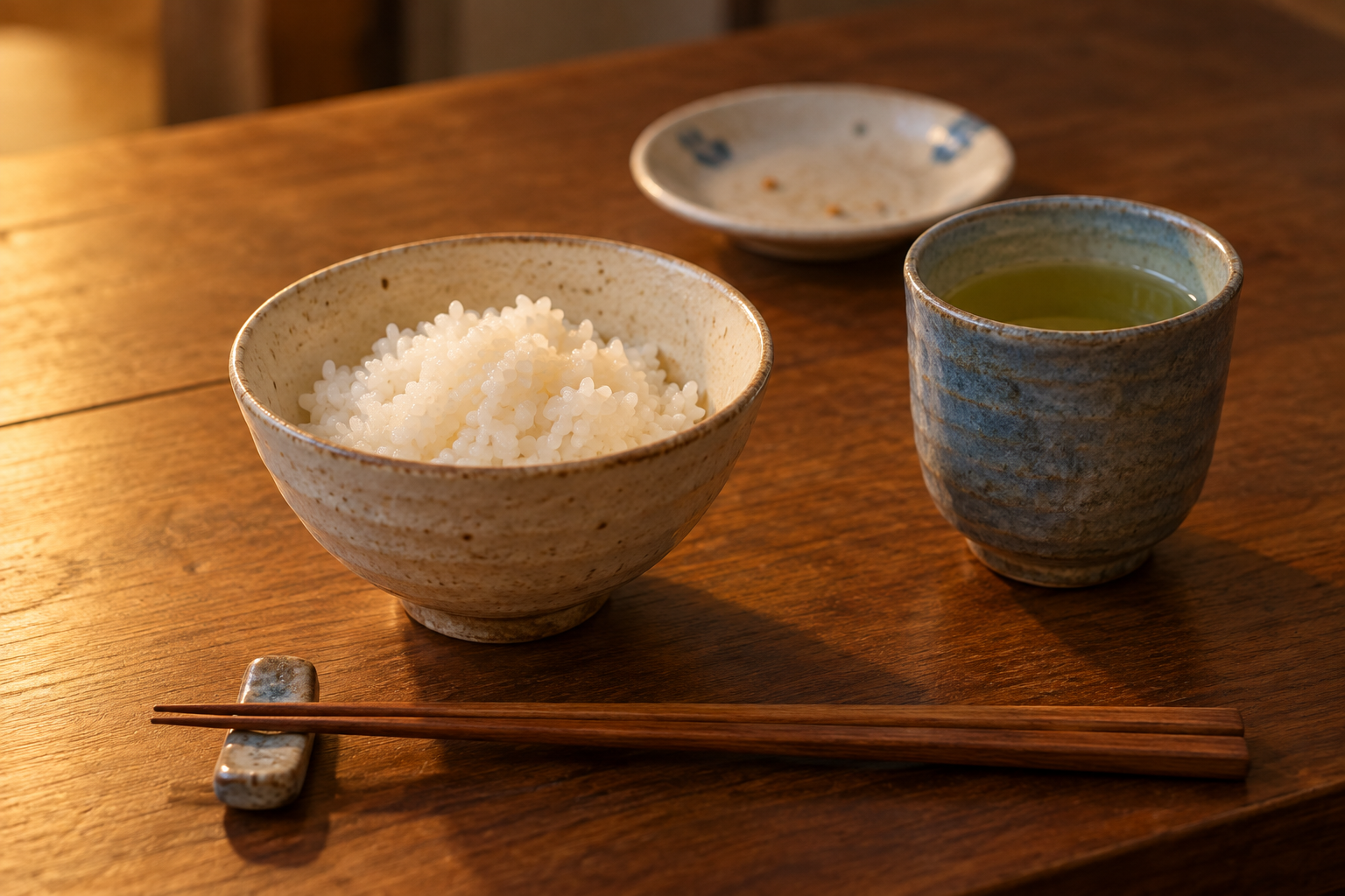 A bowl of white rice, a cup of tea, and chopsticks on a wooden table.