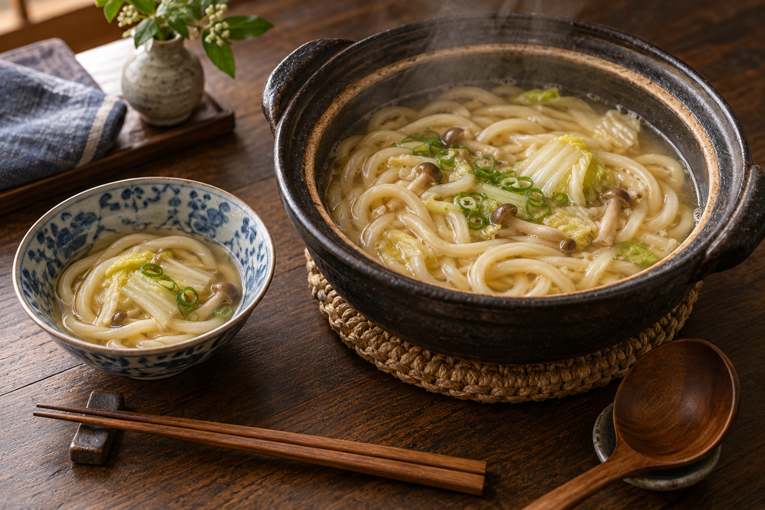 Udon in the remaining broth, with a patterned bowl for one last helping.