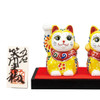Pair Maneki neko Kutani ware Japanese Lucky cat Yellow mori Art Japan 3.1in