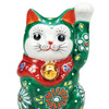 Maneki neko Kutani ware Japanese Lucky cat Green mori (Raised) Left hand 3.5in