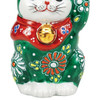 Maneki neko Kutani ware Japanese Lucky cat Green mori (Raised) Left hand 3.5in
