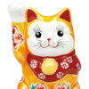 Maneki neko Kutani ware Japanese Lucky cat Orange glaze Cherryblosom 4.5in