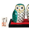 Pair Kutani Ware Fukuro Owl Green glaze handpaint Japan 3.93in