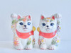 Kutani ware Maneki neko Pair Japanese Lucky cat Underglaze Icchin Floral 2.5'