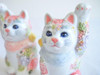 Kutani ware Maneki neko Pair Japanese Lucky cat Underglaze Icchin Floral mori