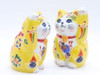 Kutani ware Maneki neko Pair Japanese Lucky cat Yellow Icchin Treasure motif