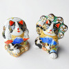 Kutani ware Pair Maneki neko Japanese lucky cat Fujin Raijin God Made in Japan