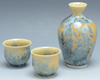 Sake cup and Bottle set Kyo Kiyomizu yaki ware Guinomi Tokkuri Japan Ash Blue
