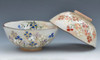 Pair Japanese Chawan Rice Bowl Kyo Kiyomizu yaki ware Dianthus flowers Japan
