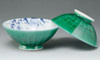 Pair Japanese Chawan Rice Bowl Kyo Kiyomizu yaki ware Green Kochi flower Japan