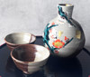 Kutani yaki ware Japanese Sake bottle and cup setRed and White Plum Shoryu Japan