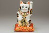 Maneki neko Kutani yaki ware Japanese lucky cat Gold Calico 25.5cm w/Mat