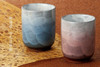 Pair Yunomi Kutani yaki ware Japanese green tea cup Blush marks Blue Pink Japan
