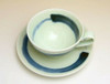 Arita yaki ware Japanese Coffee Cup and Saucer Blue Brush Mark Hakeme Handcraft