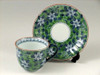 Pair Arita yaki porcelain Japanese Coffee cup and saucer GreenRed Dami Clematis