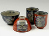 Arita yaki ware Rice bowl Tea cup Yunomi Chawan set Nishiki Fukuro Owl Blue Red