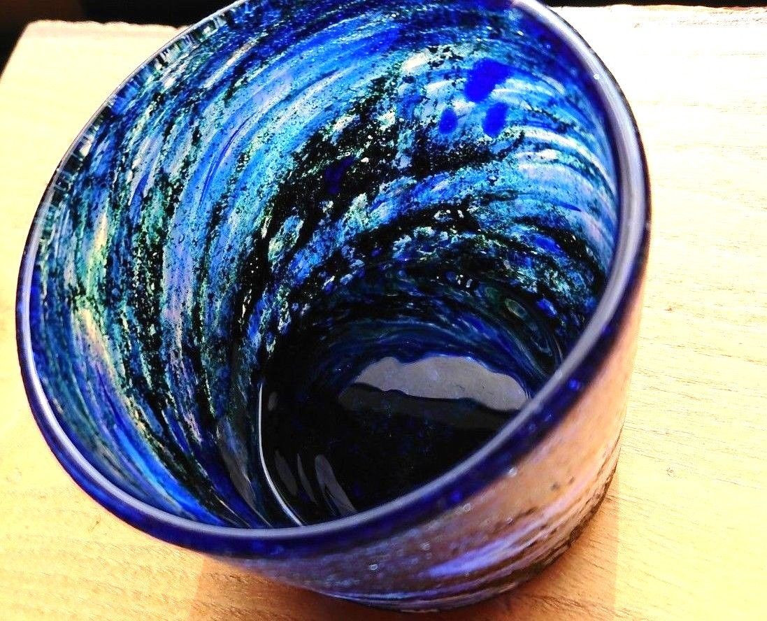 Japanese Ryukyu glass Beer rock tumbler Blue sea Genkichi Genga