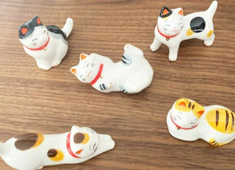 Hashioki japanese chopstick rest Nagomi Neko cat Mino yaki set of
