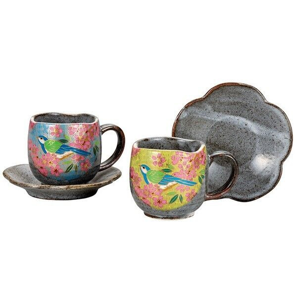 Kutani yaki ware Japanese Coffee cup and saucer set of 2 Gold Sakura Flower Bird - Thumbnail 2