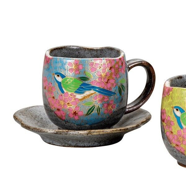 Kutani yaki ware Japanese Coffee cup and saucer set of 2 Gold Sakura Flower Bird