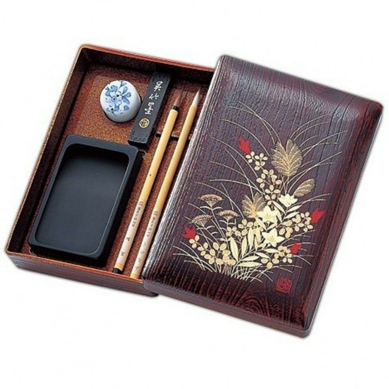 Product of Gifu Japan Japanese Mino Washi Calligraphy Shodo Set, Inkstone, Sumi Ink Stick and Detachable Shuji Brush Pen with Compact Wood Box