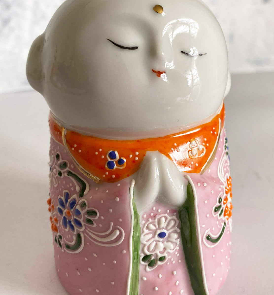 Japanese Buddha Happy Jizo Mini Statue Kutani ware porcelain Pink