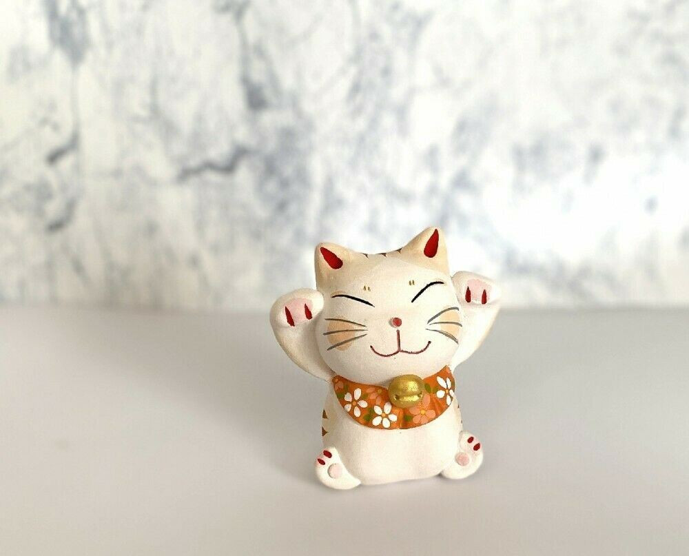 MANEKI NEKO Japanese lucky cat Seto yaki Both hand Up Handcraft