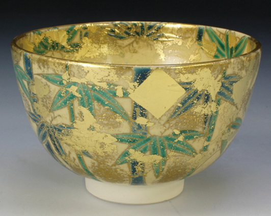 Kyoto Tea Bowl Matcha Chawan Kiyomizuyaki Gold Foil Bamboo Japan