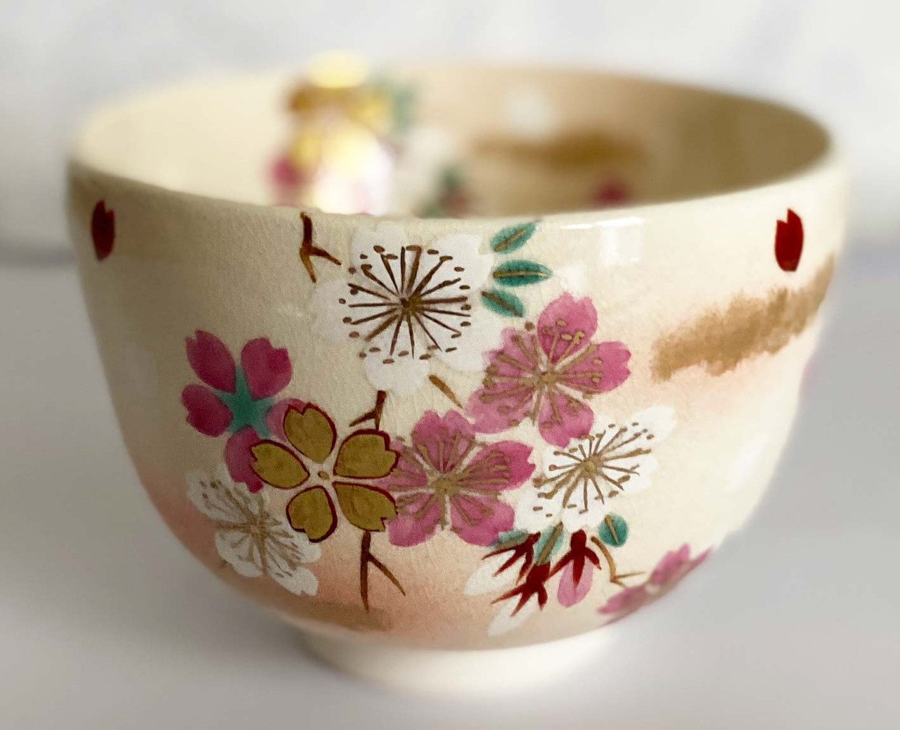 CHAWAN japanese Matcha green tea bowl KYO KIYOMIZU yaki SAKURA cherry  blossom