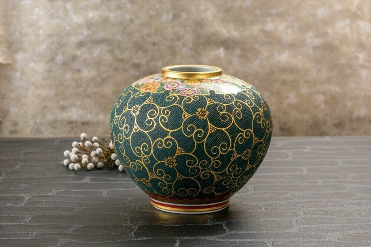 Kutani yaki porcelain Flower Pot Vase Gold foil Aochibu