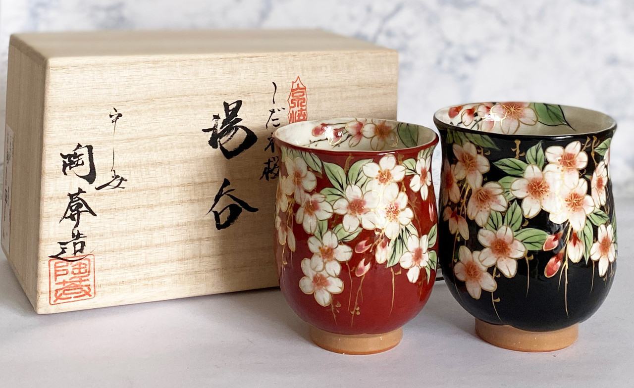 Yunomi Kyo Kiyomizu yaki pottery Japanese tea cup set weeping cherry