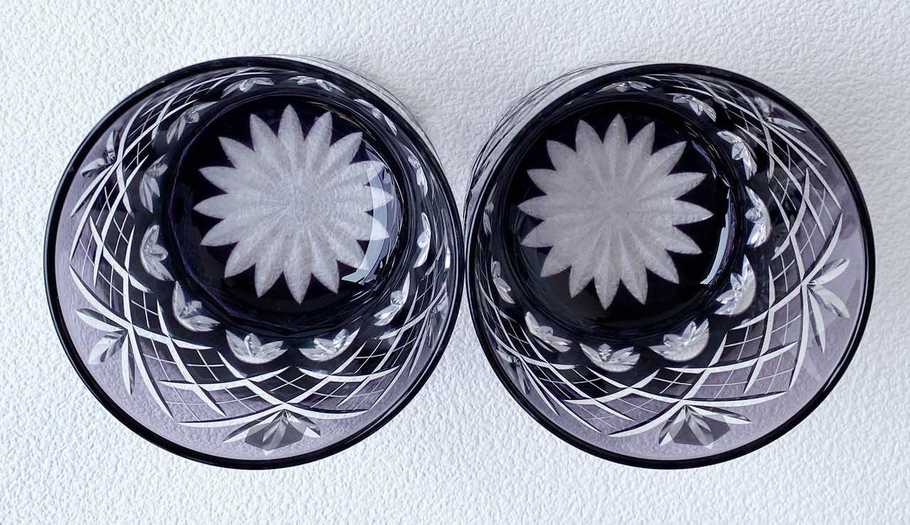 Edo Kiriko Pair Japanese Old Rock whiskey glass cup Cross Yarai