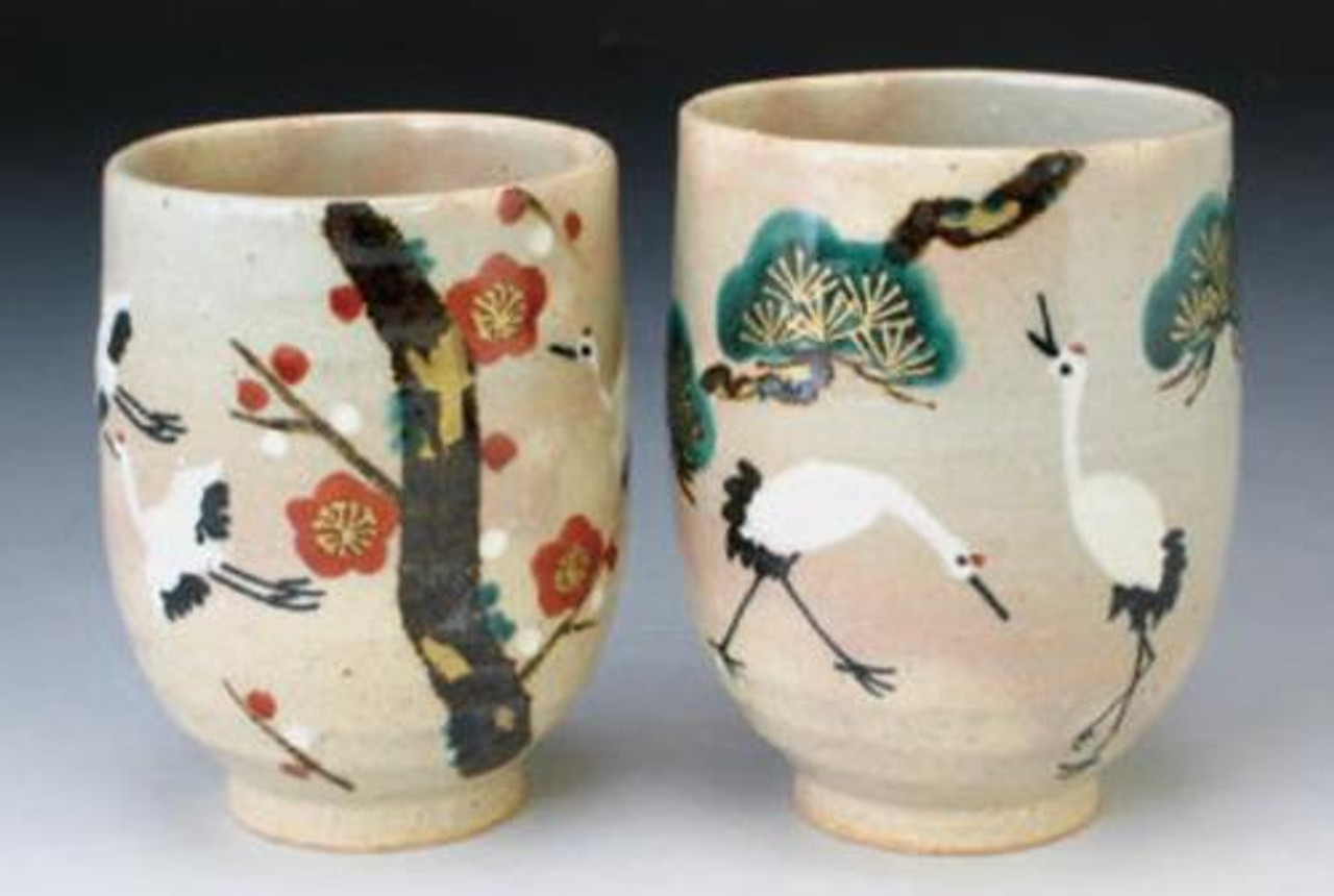 Yunomi Kyo Kiyomizu yaki pottery Japanese tea cup set Sho chiku bai Crane  motif