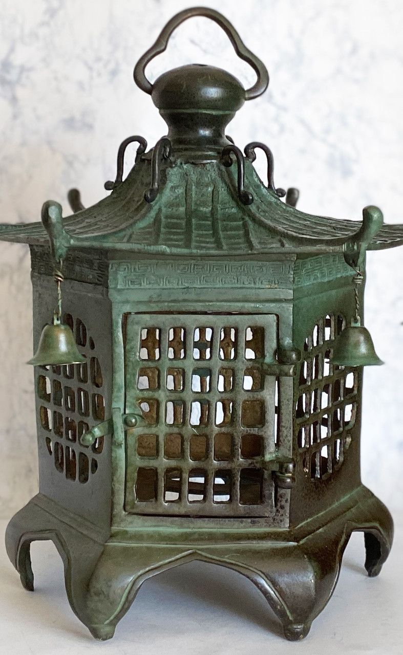 Toro Japanese Bronze Hanging Lantern Takaoka Craft Hexagon Check