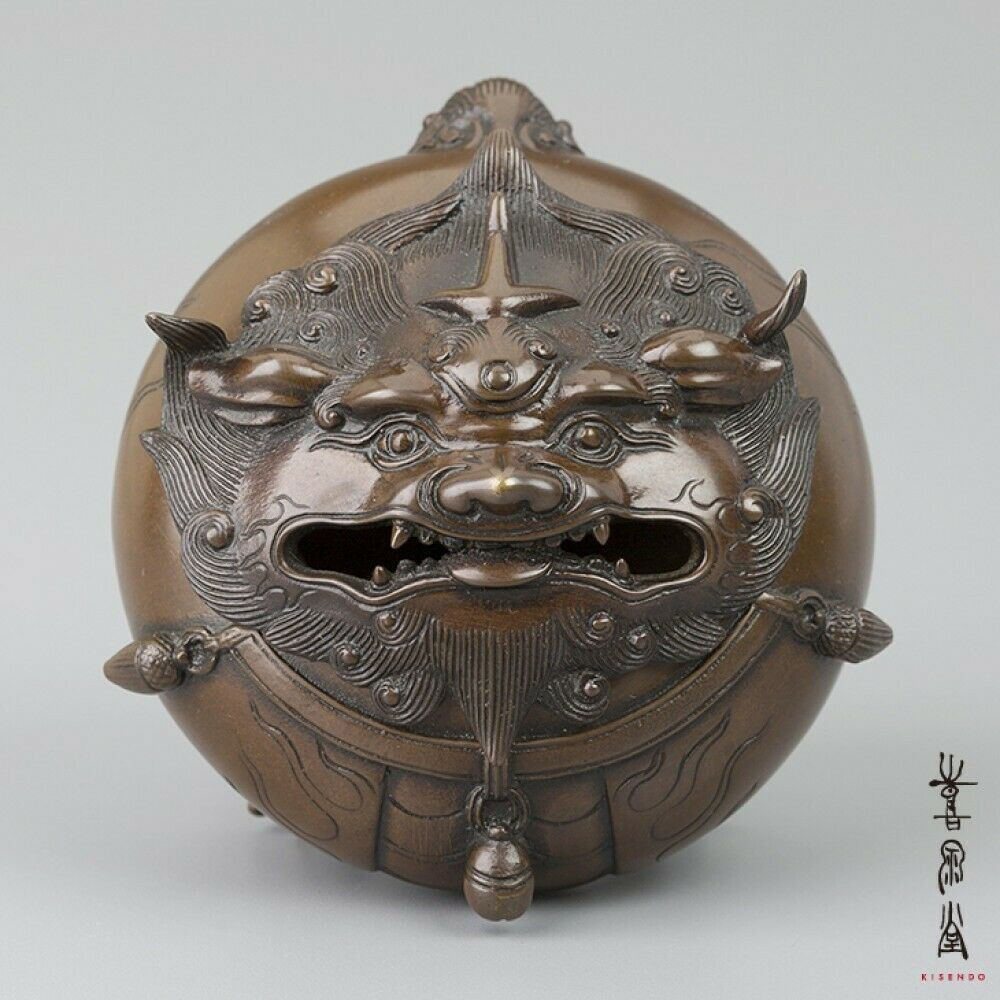 Koro Japanese Bronze Incense burner Takaoka Fuku Shishi Foo dog