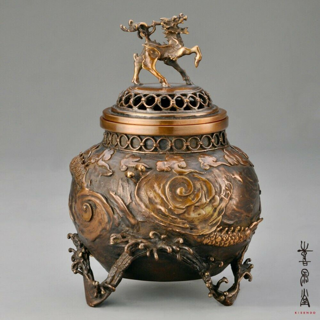Koro Japanese Bronze Incense burner Takaoka Unryu Dragon