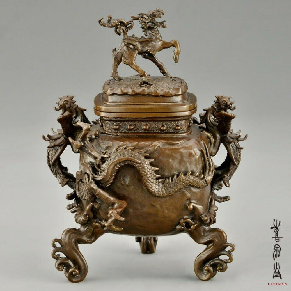 Koro Japanese Bronze Incense burner Takaoka Qilin Dragon motif