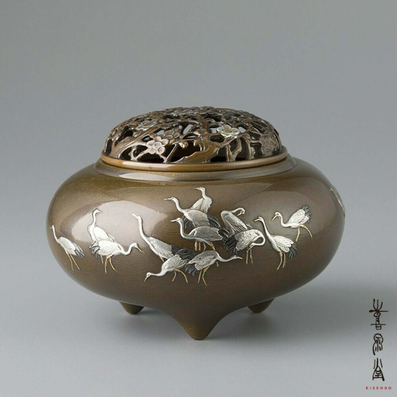 Koro Japanese Bronze Incense burner Takaoka Senba duru Crane