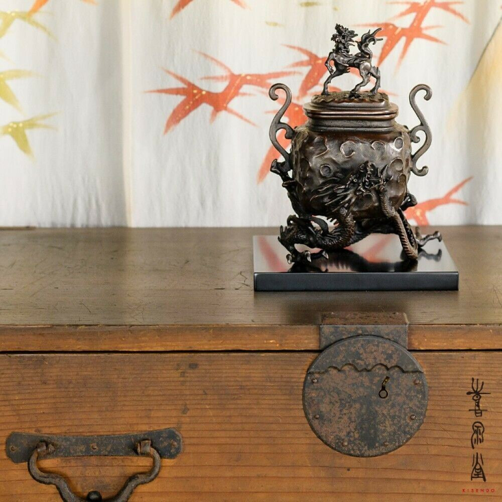 Koro Japanese Bronze Incense burner Takaoka Qilin Dragon motif