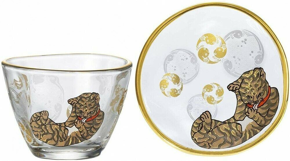 Mamezara Guinomi Set Japanese Glass cup Small Dish set Tora Tabby
