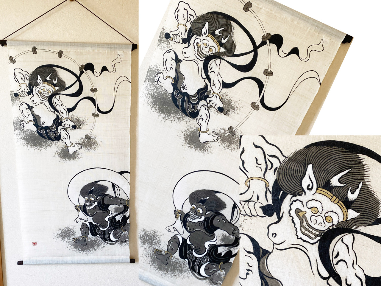 Kyoto Hangin scroll Kakejiku Tapestry Handpaint Fujin Raijin