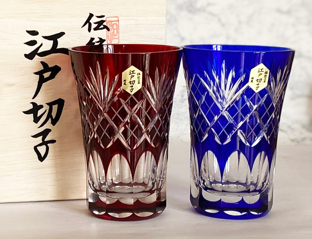 Pair Edo Kiriko Japanese Beer Sake glass Tumbler Blue Red Sword