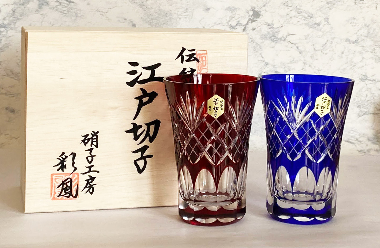 Pair Edo Kiriko Japanese Beer Sake glass Tumbler Blue Red Sword