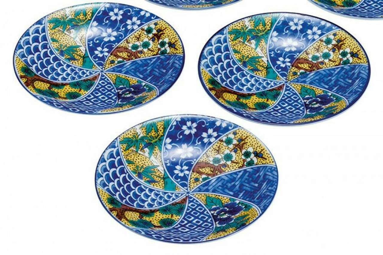 Kutani yaki ware Japanese Plate Dish set of 5Yoshidaya Sho chiku bai 5