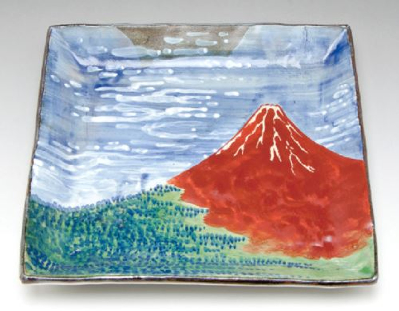 Kyoto Japanese Square plate Kyo Kiyomizu yaki ware Mt,Fuji Gaifu Kaisei  Hokusai