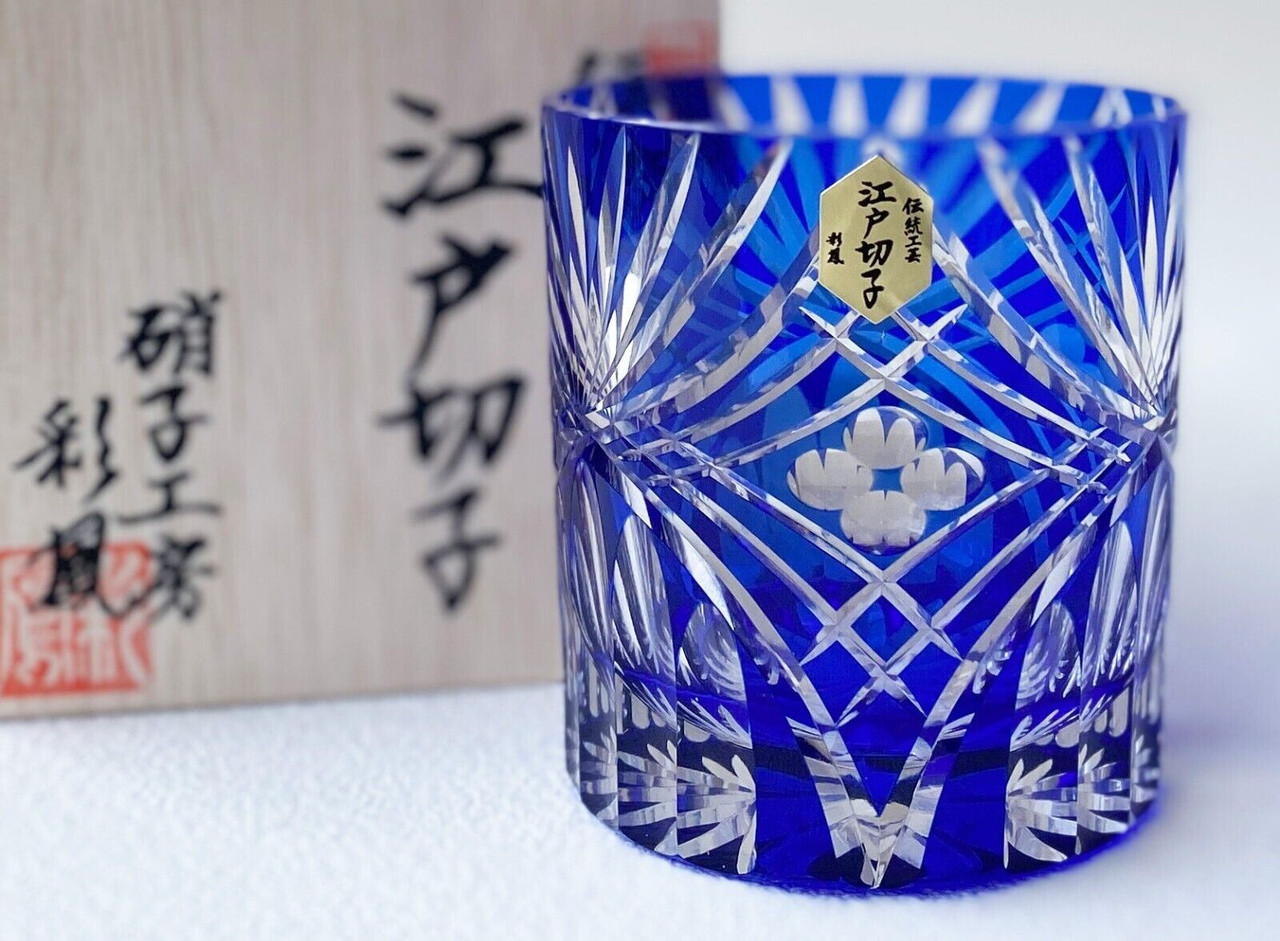 Edo Kiriko Japanese Whiskey Rock Glass set Arc rhombus pattern